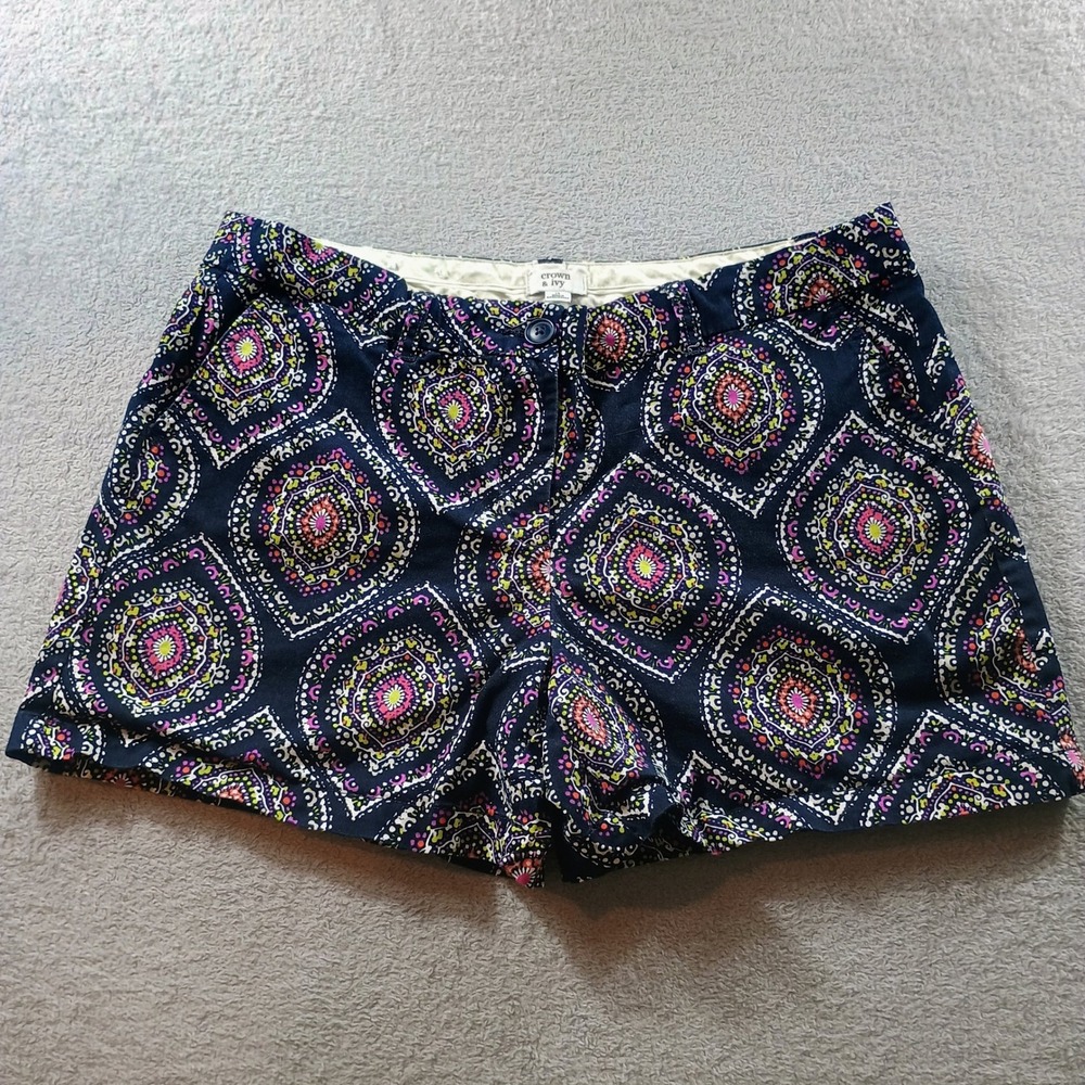 Crown & Ivy Women Medallion Print Shorts Navy Multi 14 Flat‎ Front Boho